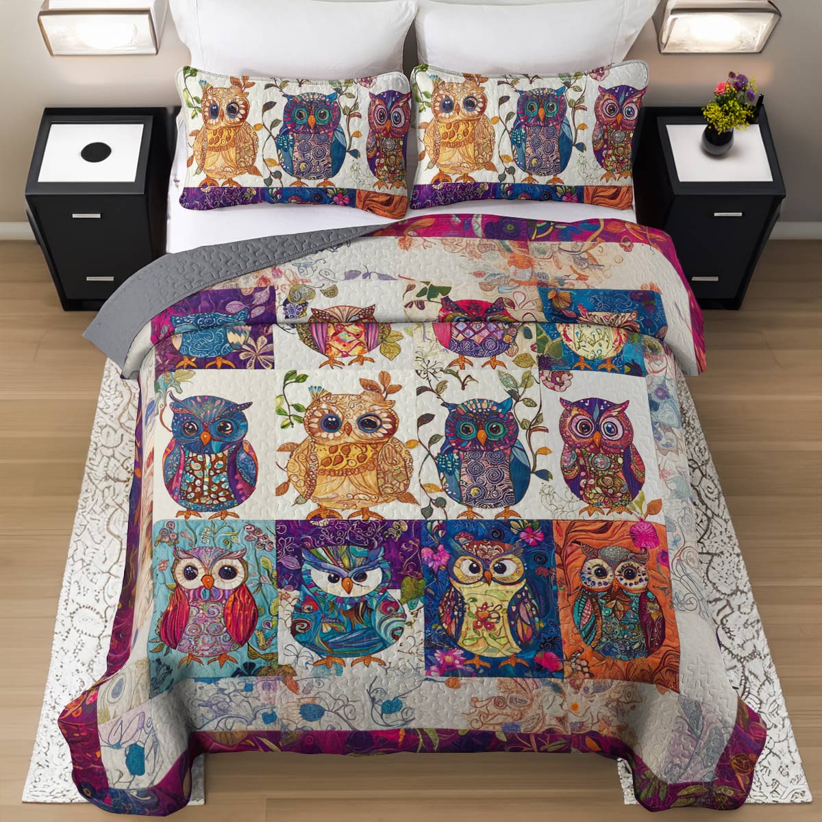Shineful All Season Quilt 3-Piece Set Gorgeous Colorful Baby Owls