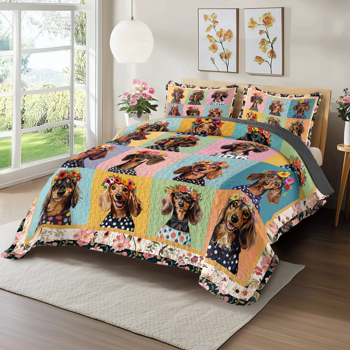 Shineful All Season Quilt 3-Piece Set Dachshund Floral Portrait