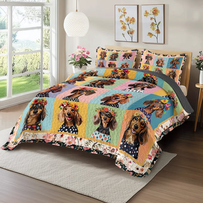 Shineful All Season Quilt 3-Piece Set Dachshund Floral Portrait