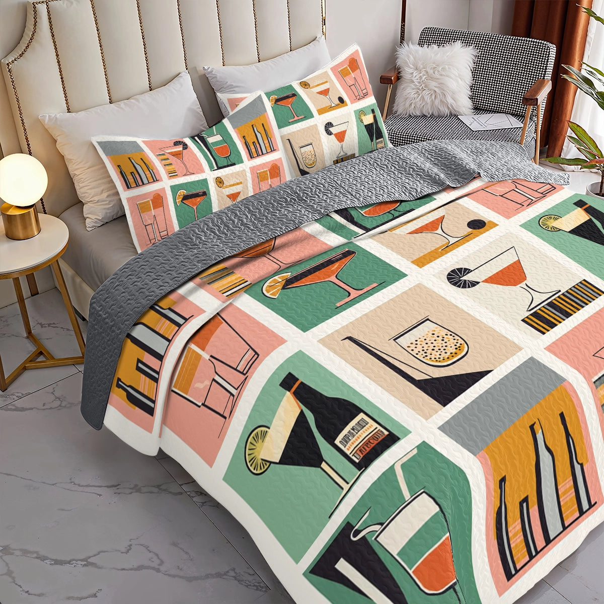 Shineful All Season Quilt 3-Piece Set Wine Retro Cocktail Hour