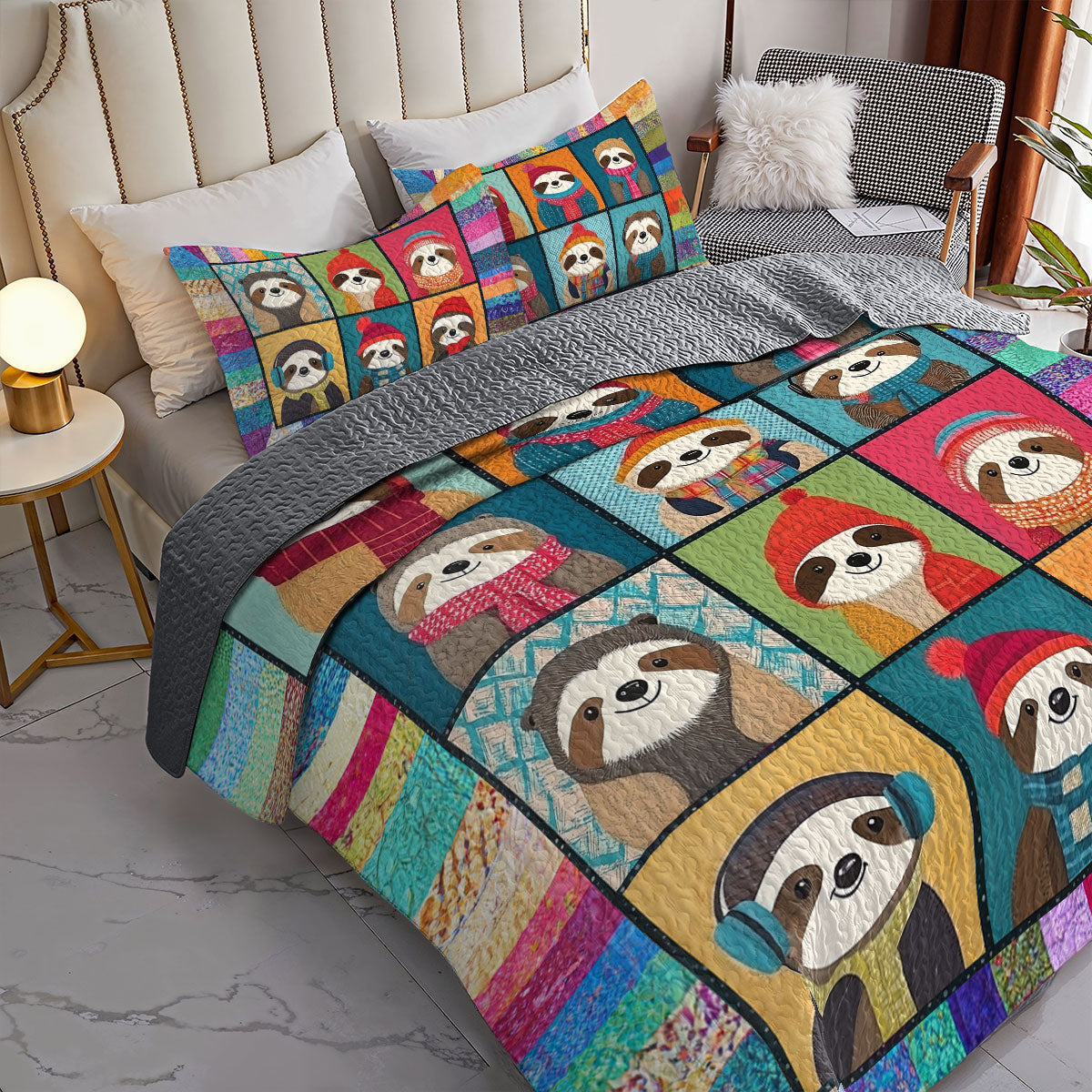 Shineful All Season Quilt 3-Piece Set Colorful Sloth Patchwork