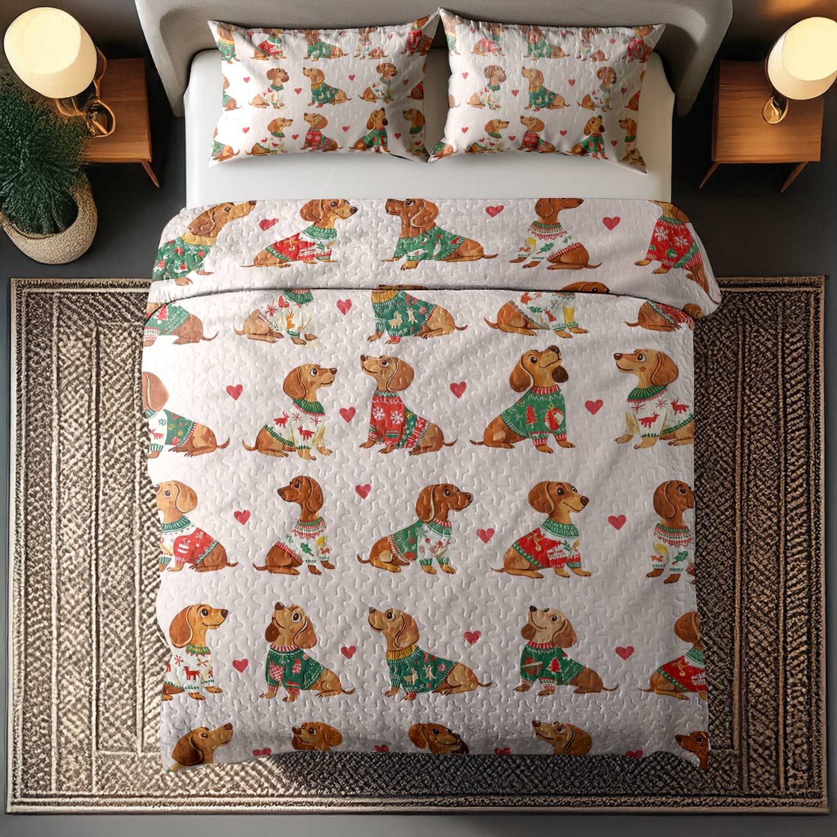 Shineful All Season Quilt 3-Piece Set - Festive Dachshund Sweater Delight