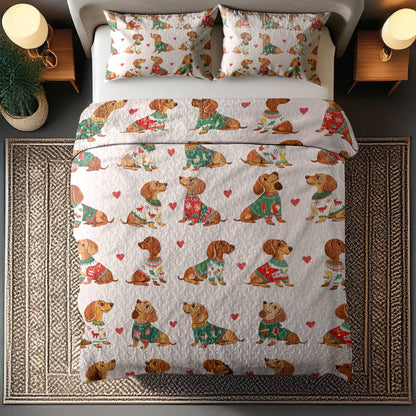Shineful All Season Quilt 3-Piece Set - Festive Dachshund Sweater Delight