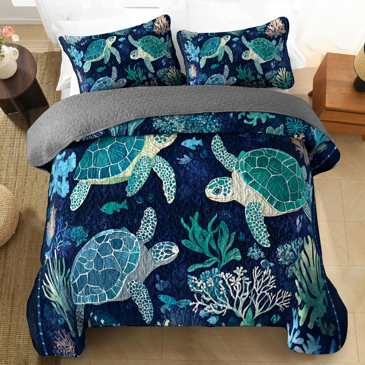 Shineful All Season Quilt 3-Piece Set Sea Turtle Underwater Ballet