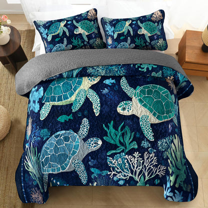 Shineful All Season Quilt 3-Piece Set Sea Turtle Underwater Ballet