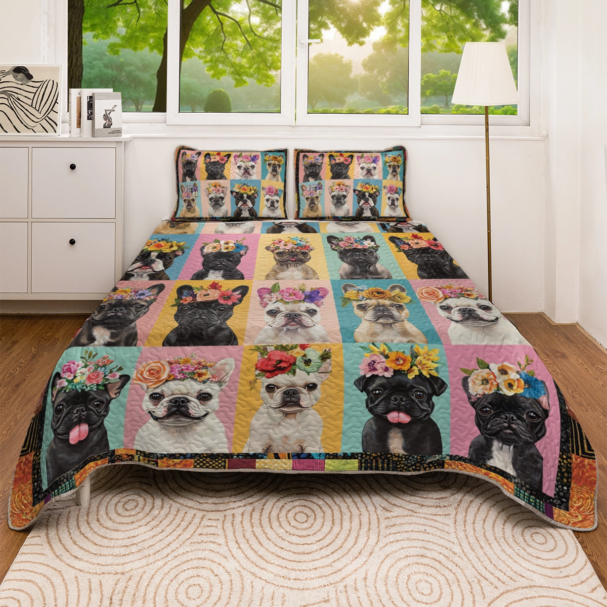 Shineful All Season Quilt 3-Piece Set Frenchie Flower Fiesta