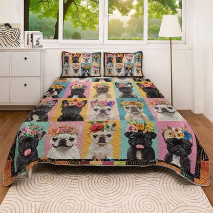 Shineful All Season Quilt 3-Piece Set Frenchie Flower Fiesta