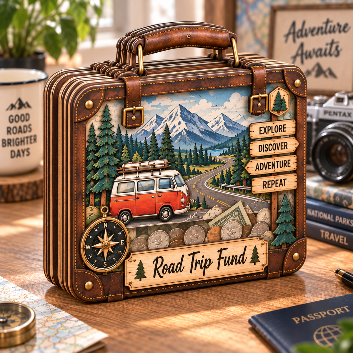 Road Trip Fund Wooden Coin Bank