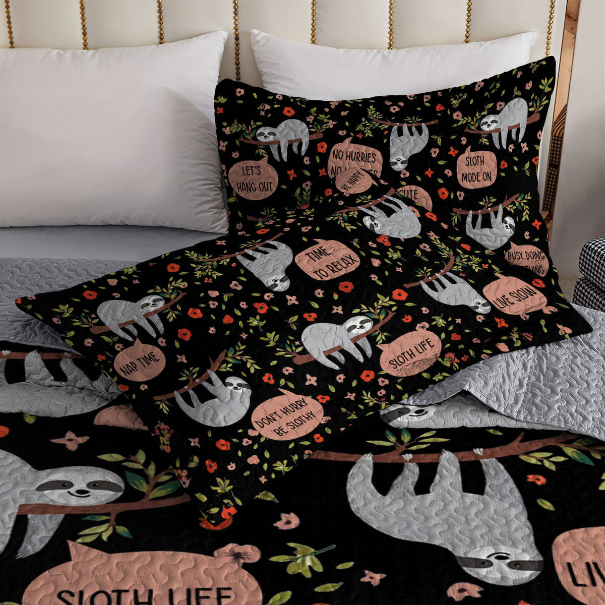 Shineful All Season Quilt 3-Piece Set Sloth Life Black Night