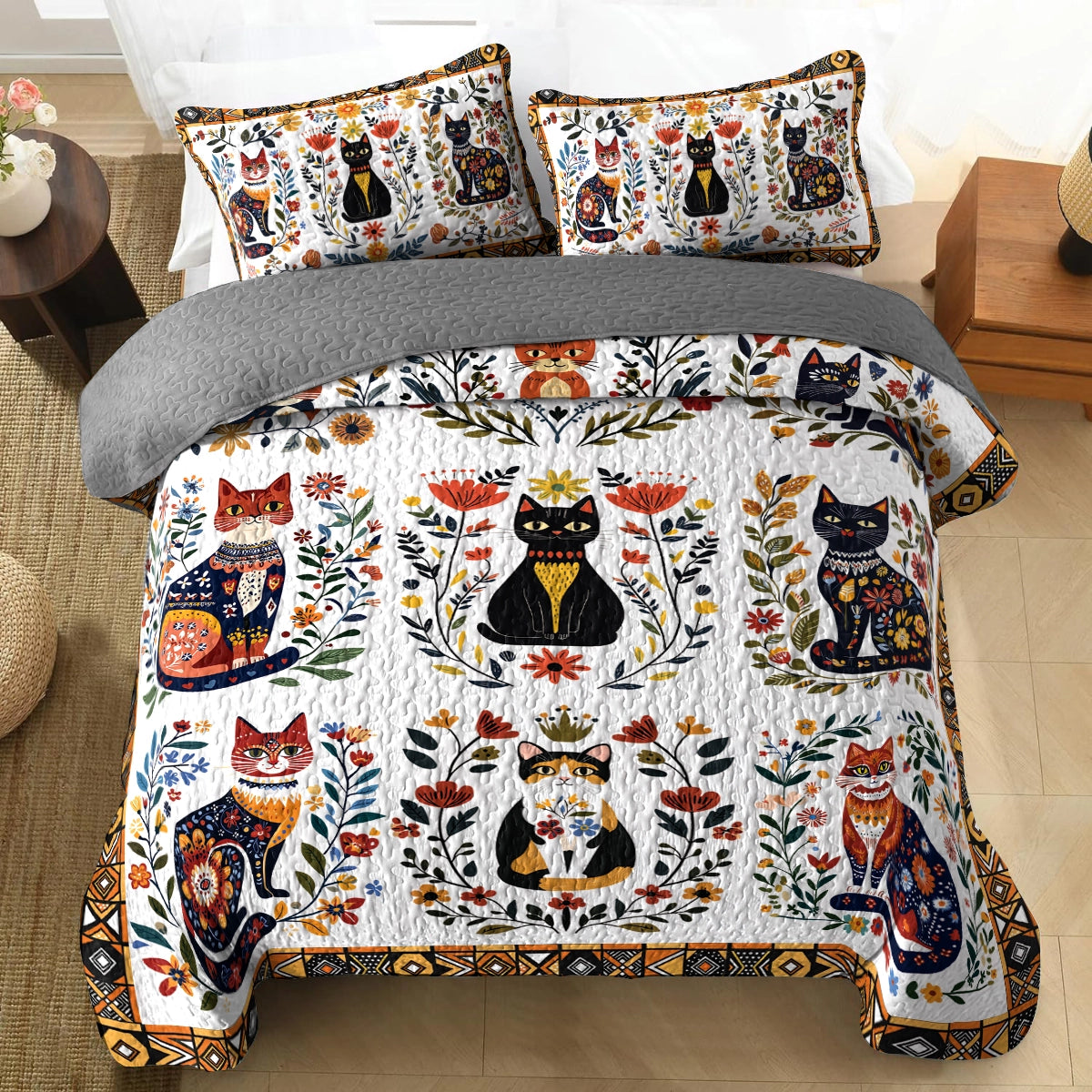 Shineful All Season Quilt 3-Piece Set Folk Art Cat Garden