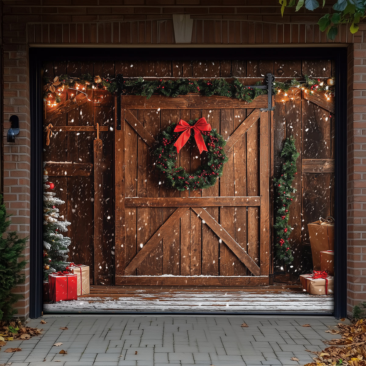 Shineful Garage Door Banner Decoration Snowy Christmas Barn Door