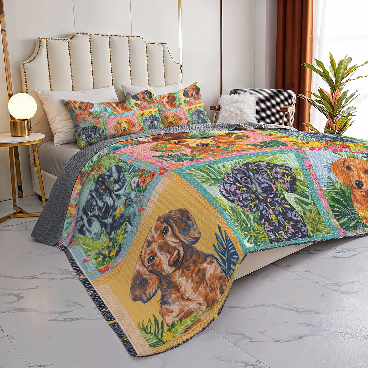 Shineful All Season Quilt 3-Piece Set Dachshund Patchwork Collection