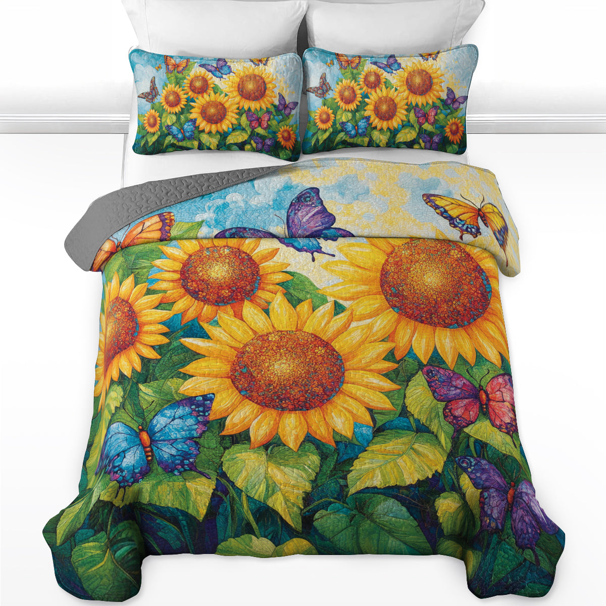 Shineful All Season Quilt 3-Piece Set Sunflower & Butterfly Garden