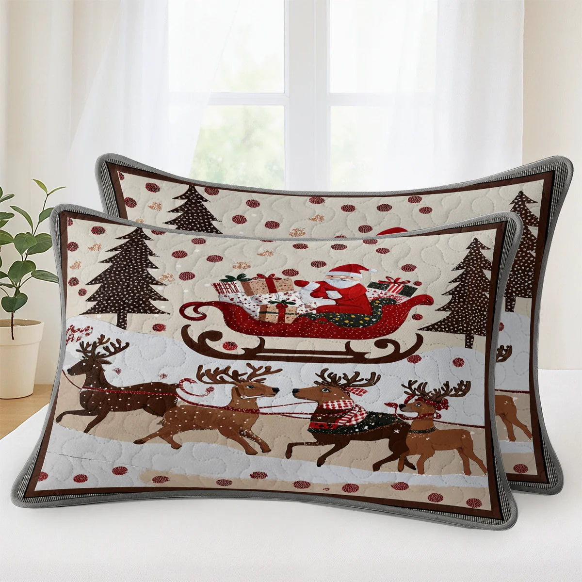 Shineful Quilt 3-Piece Set Cozy Santa Claus With Reindeer Pulling His Sleigh Full Of Gifts