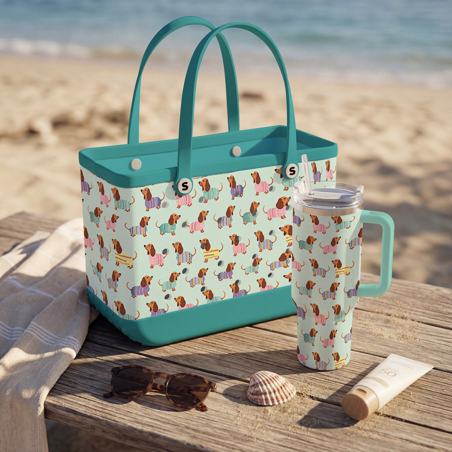 Shineful Bundle Beach Bag And Tumbler Colorful Dachshund