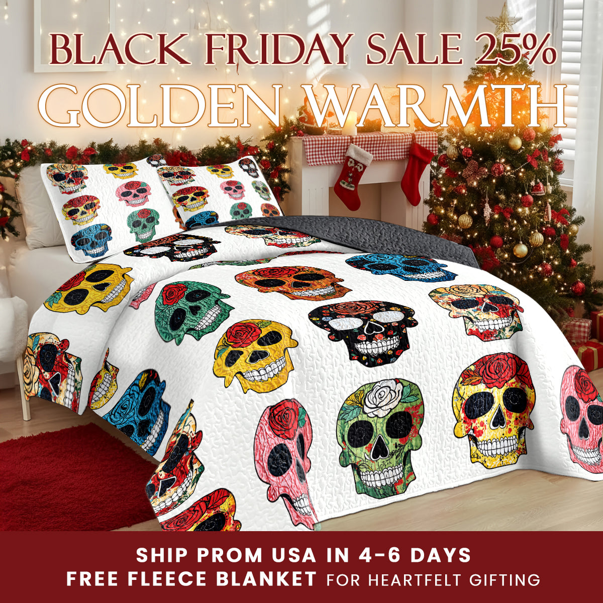 Shineful Quilt 3-Piece Set Colorful Sugar Skull Roses