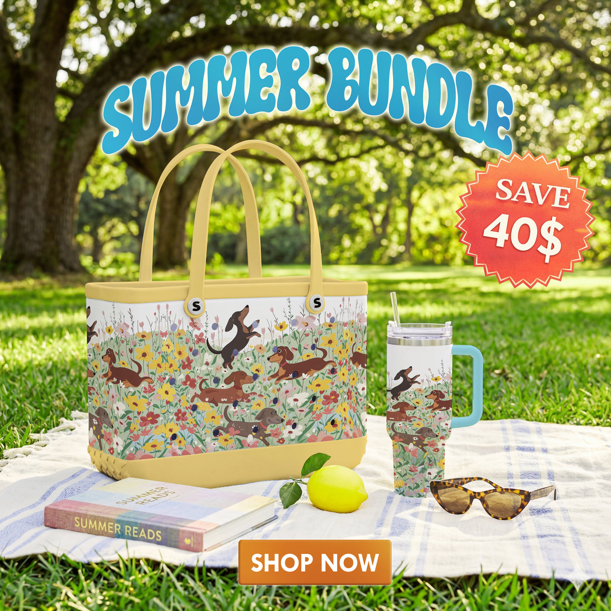 Shineful Bundle Beach Bag And Tumbler  Dachshund In Flower Garden
