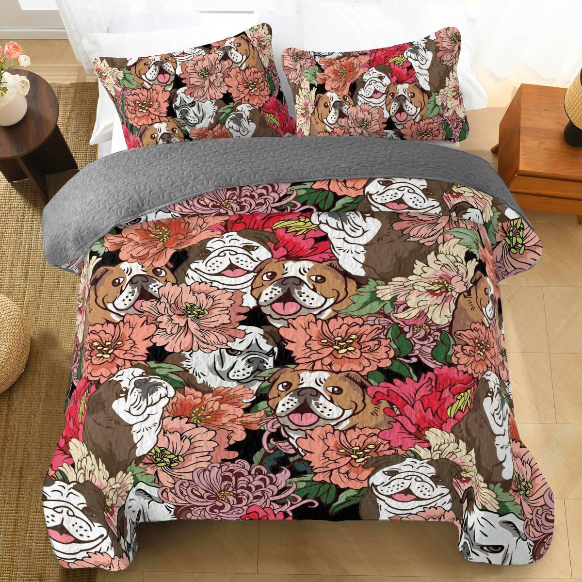 Shineful All Season Quilt 3-Piece Set Floral Bulldogs