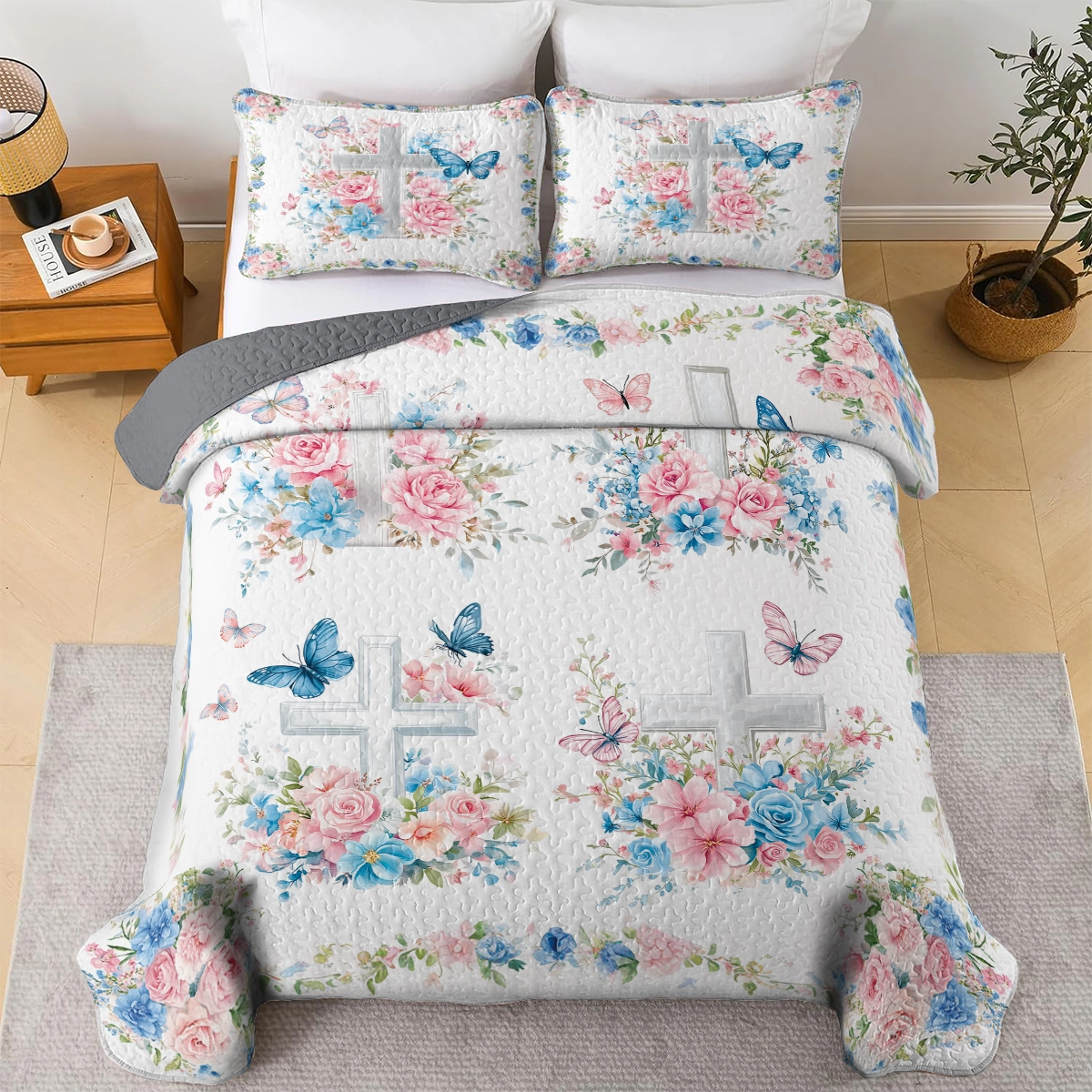 Shineful All Season Quilt 3-Piece Set - God Faith Flower Butterfly