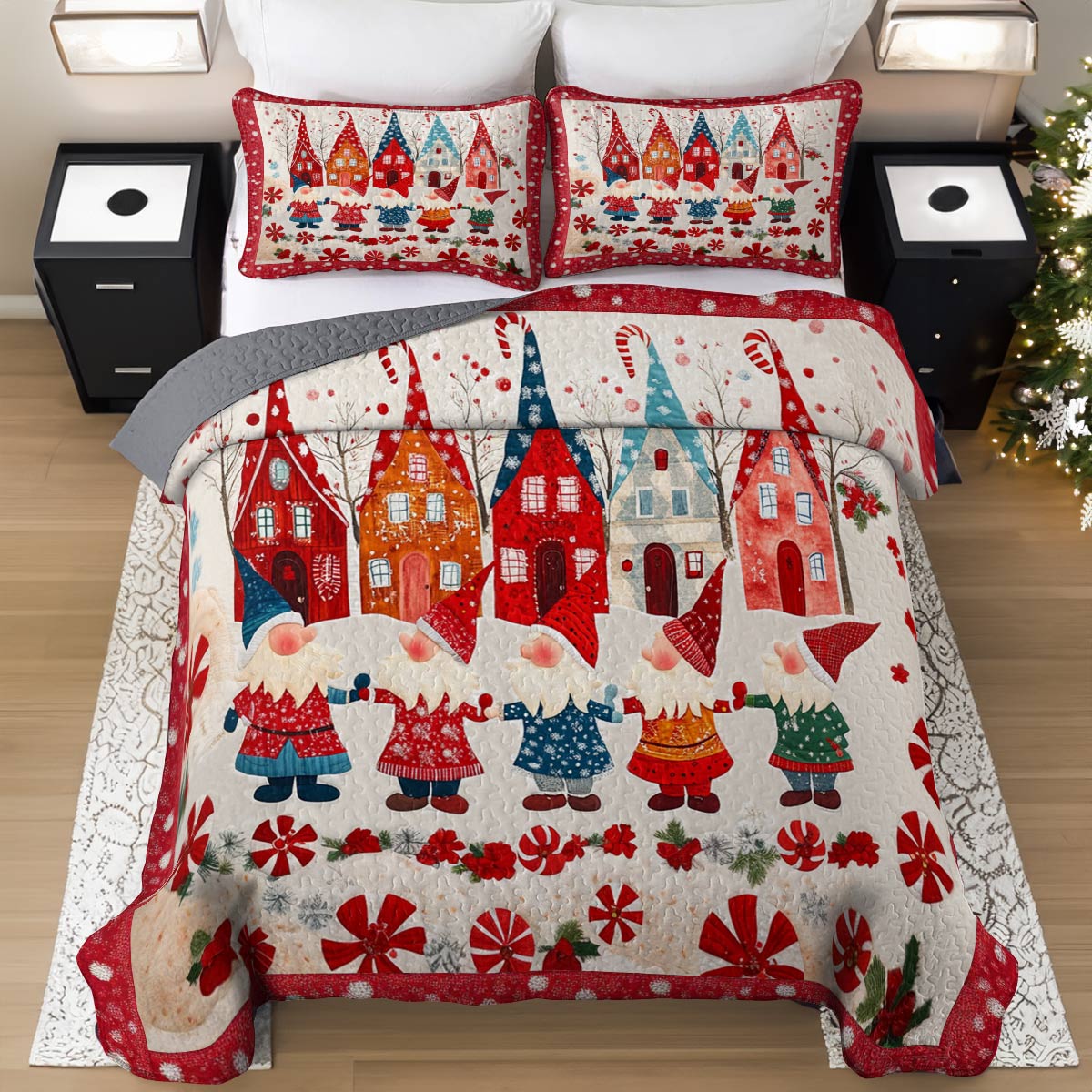 Shineful All Season Quilt 3-Piece Set Happy Gnomes Christmas