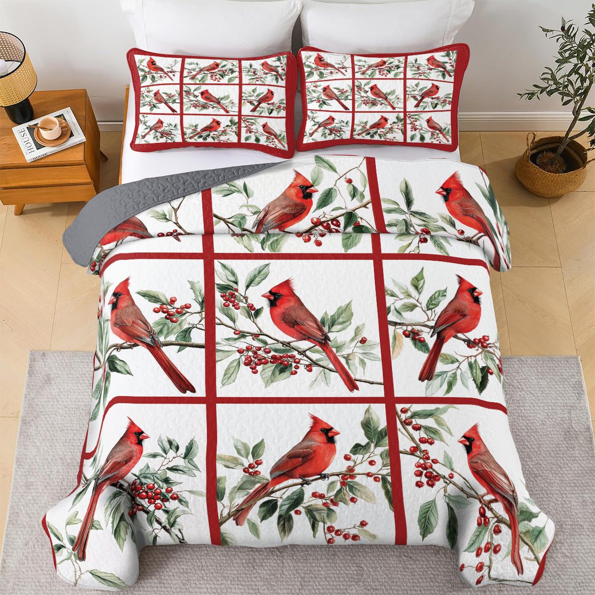 Shineful All Season Quilt 3-Piece Set Vibrant Cardinal Blocks