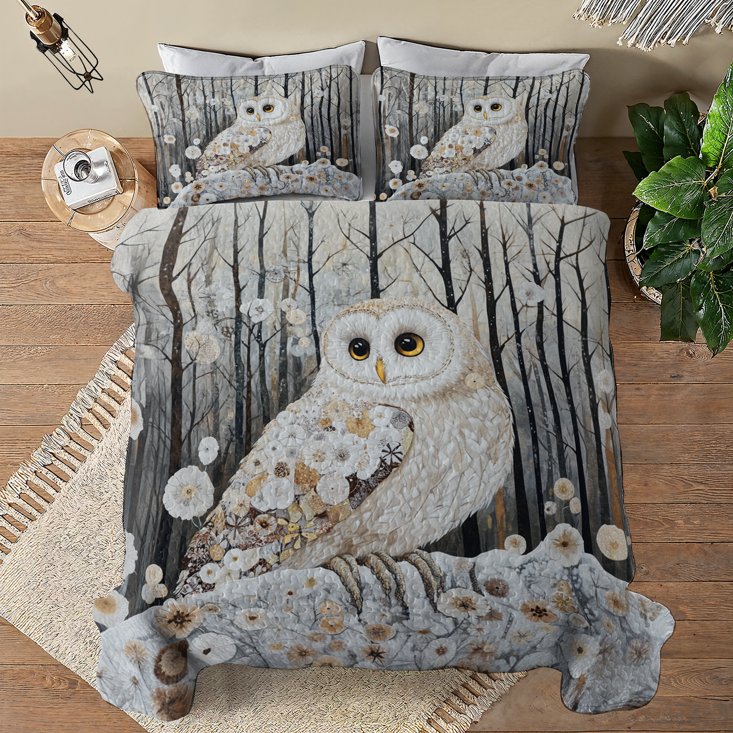 Shineful All Season Quilt 3-Piece Set Gentle Owl Winter Forest