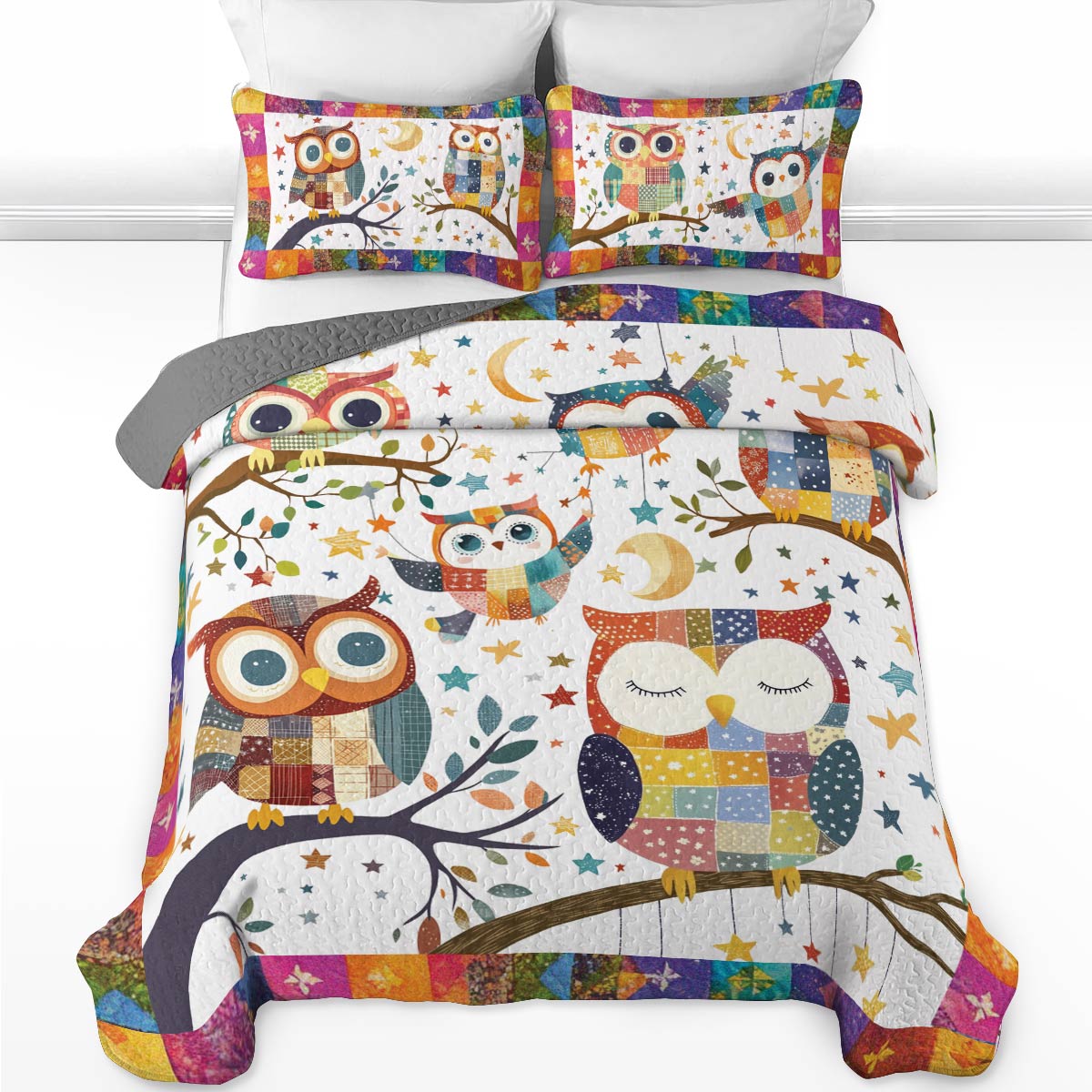 Shineful All Season Quilt 3-Piece Set Owl Patchwork