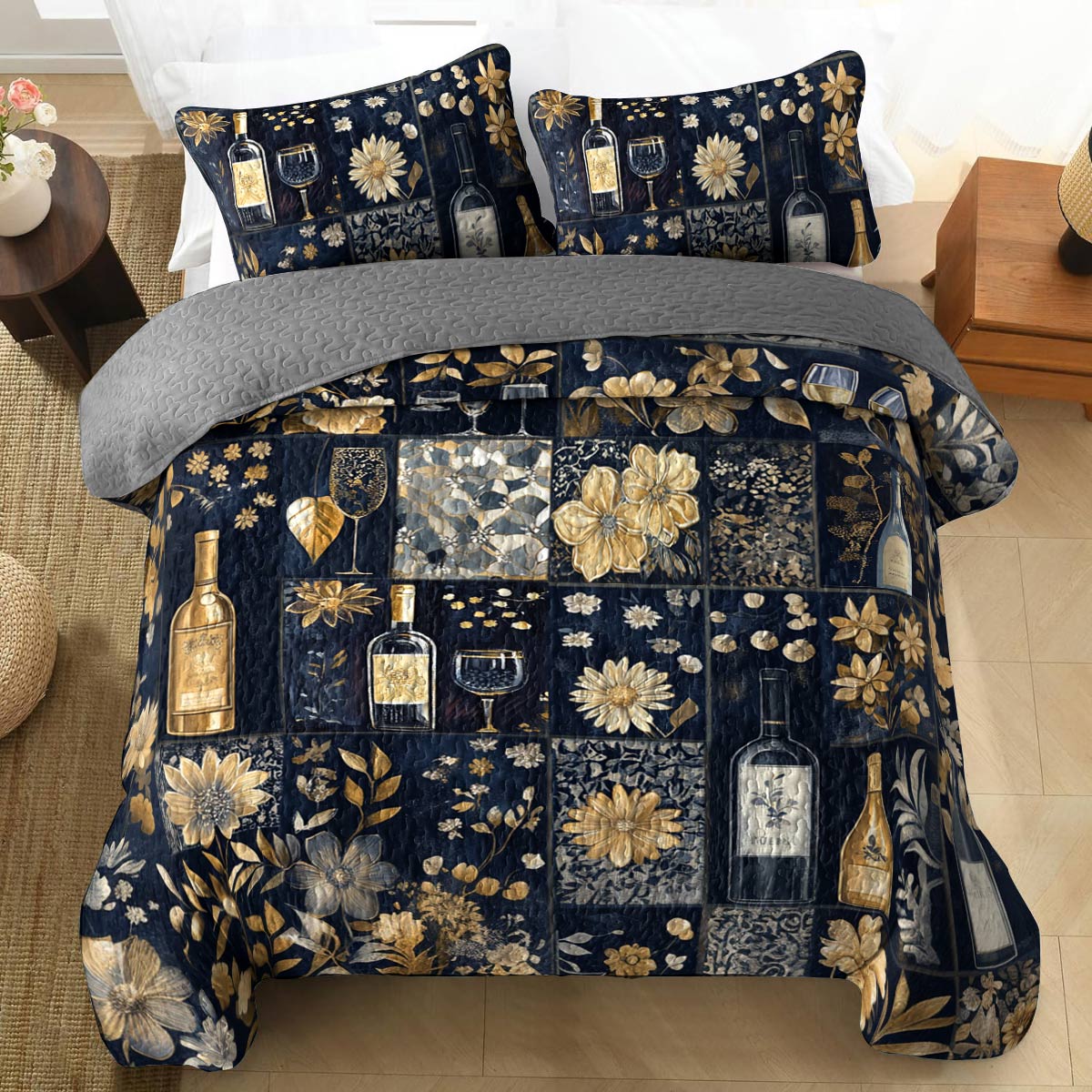 Shineful All Season Quilt 3-Piece Set Gracefulness Wine Floral