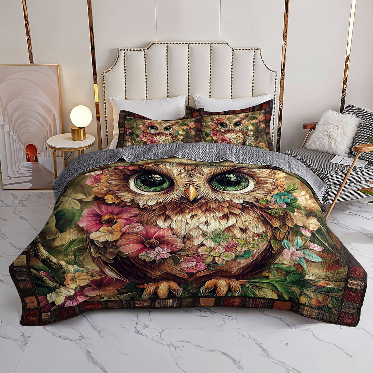 Shineful All Season Quilt 3-Piece Set Vintage Floral Owl