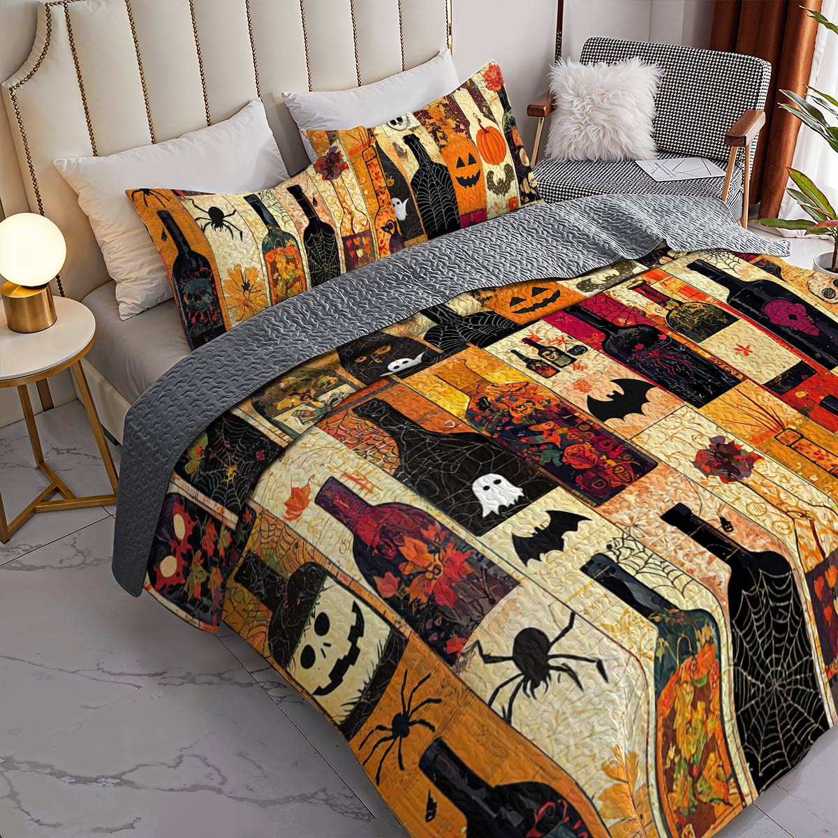 Shineful All Season Quilt 3-Piece Set Halloween Dazzling Wine Bottles