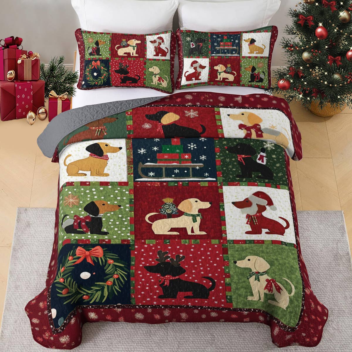 Shineful All Season Quilt 3-Piece Set Festive Dachshunds