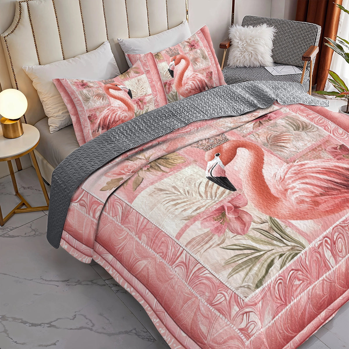 Shineful All Season Quilt 3-Piece Set Royal Flamingo Bliss