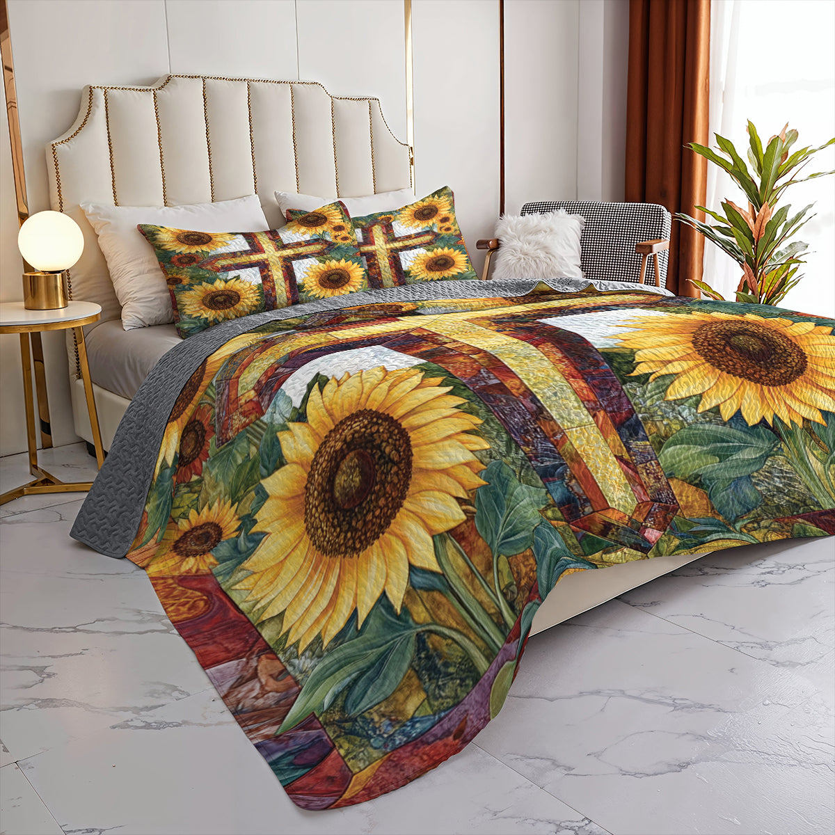 Shineful All Season Quilt 3-Piece Set Sunflower Cross