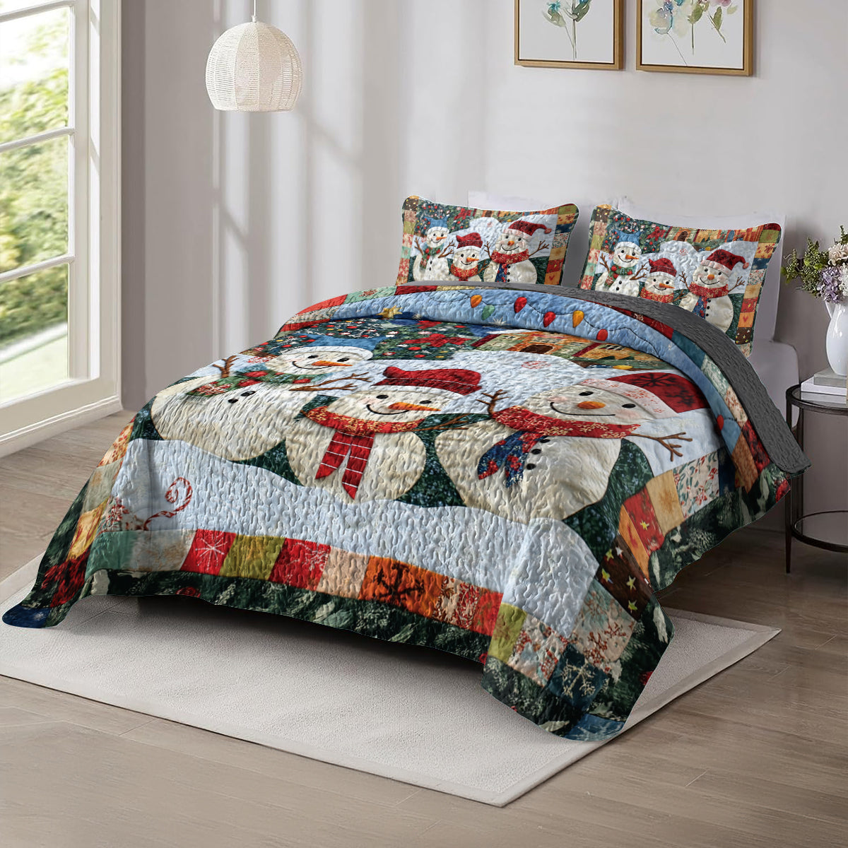 Shineful All Season Quilt 3-Piece Set Festive Snowman Family