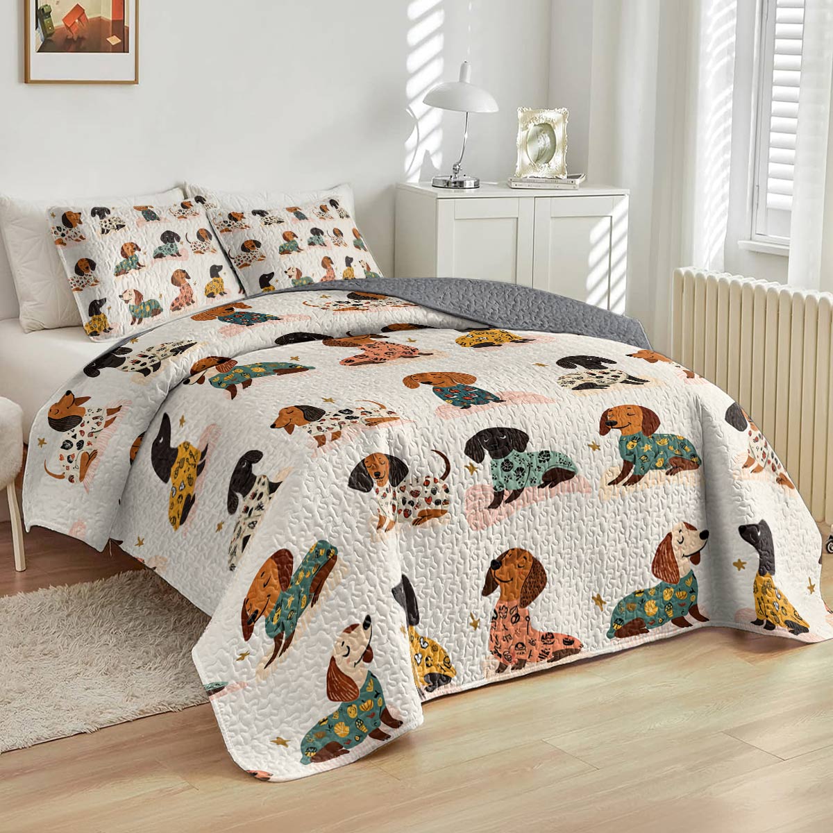 Shineful All Season Quilt 3-Piece Set - Dachshund Cozy Pajama Party
