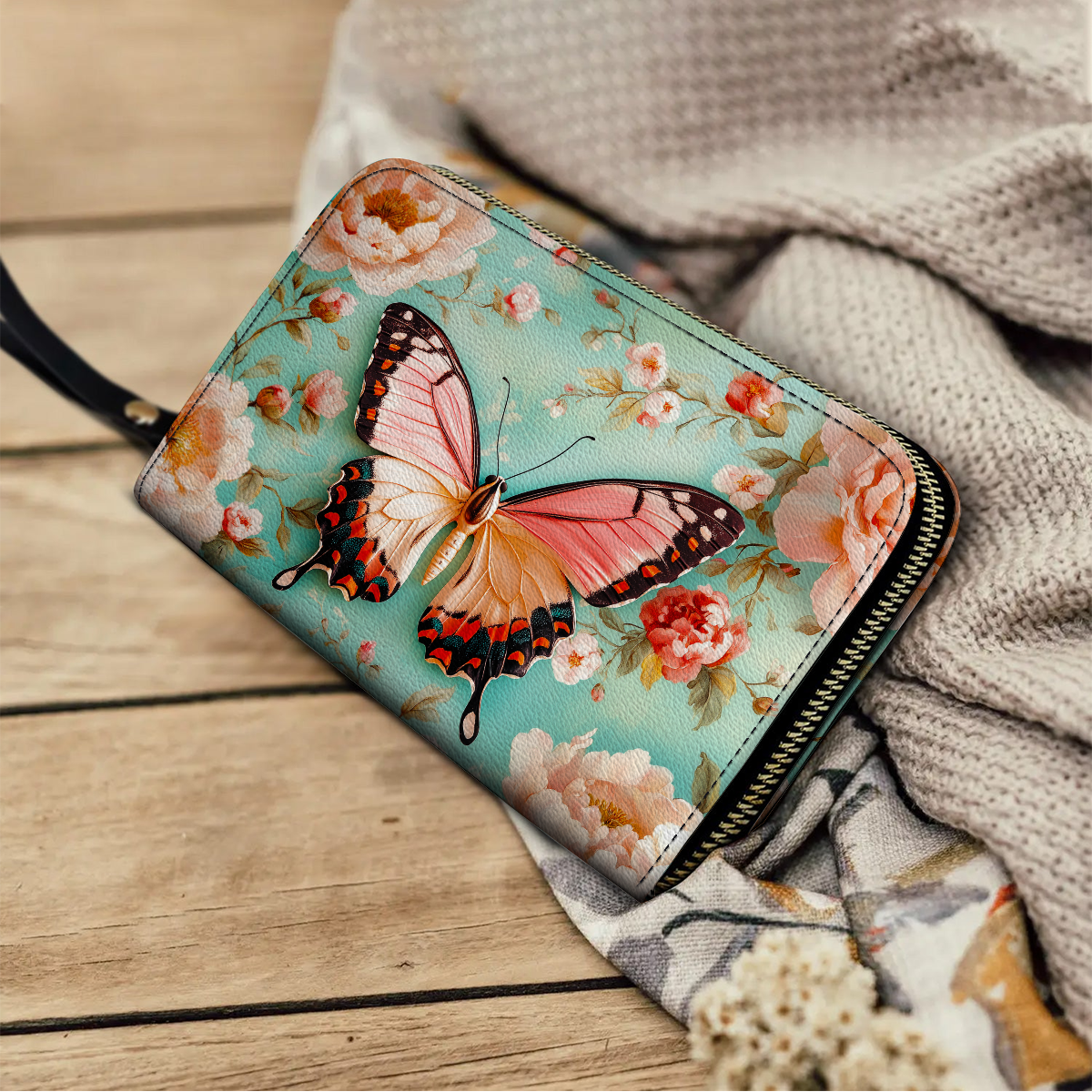 Shineful Leather Clutch Purse With Wristlet Strap Handle Ethereal Spring Butterfly