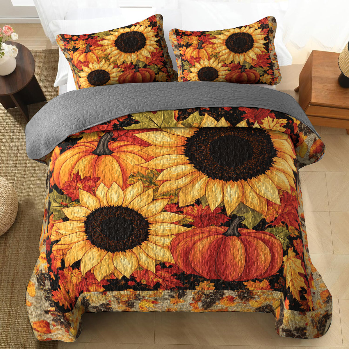 Shineful All Season Quilt 3-Piece Set Autumn Sunflower & Pumpkin