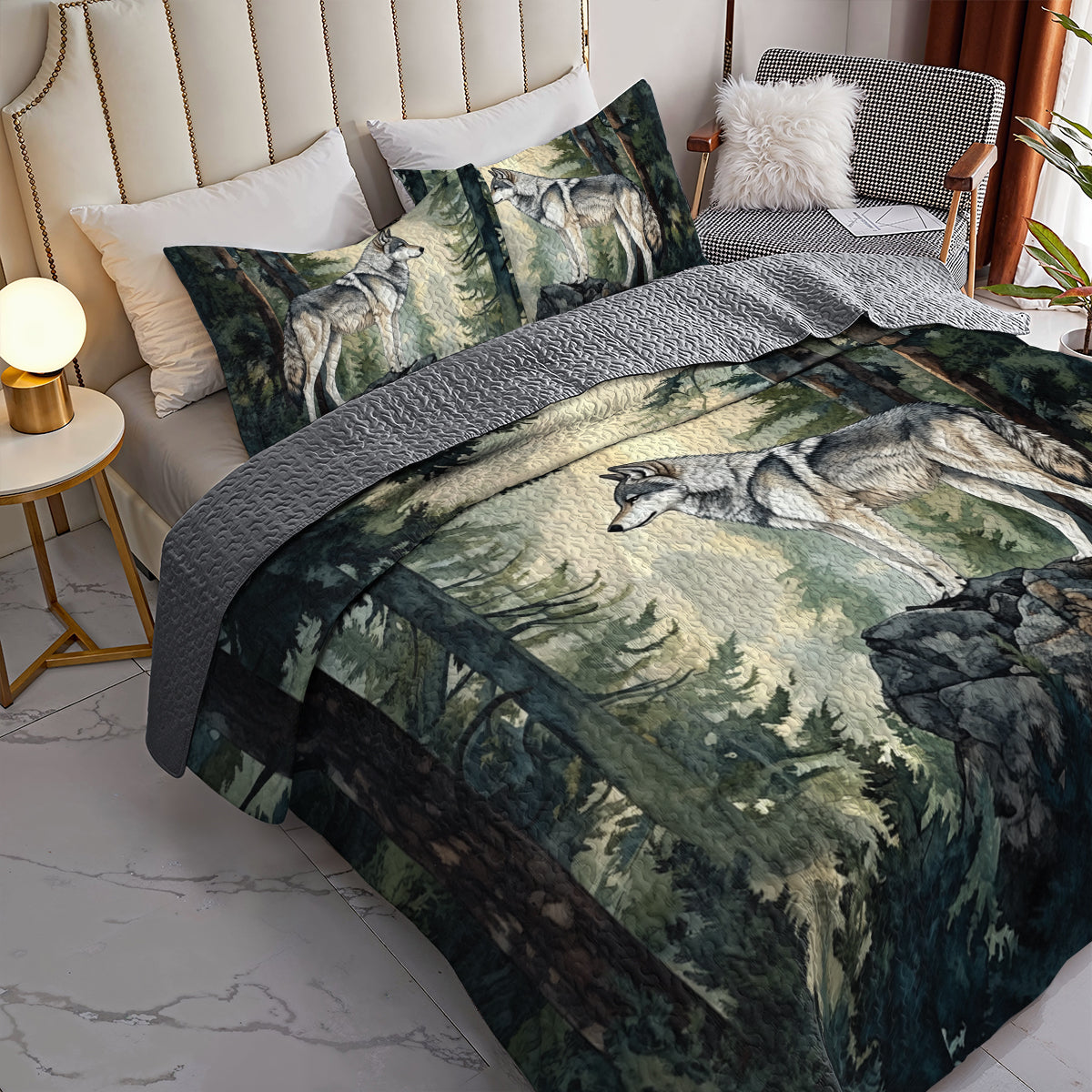 Shineful All Season Quilt 3-Piece Set Majestic Forest Wolf