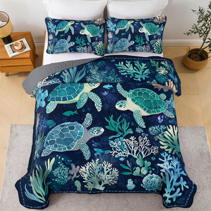 Shineful All Season Quilt 3-Piece Set Sea Turtle Underwater Ballet