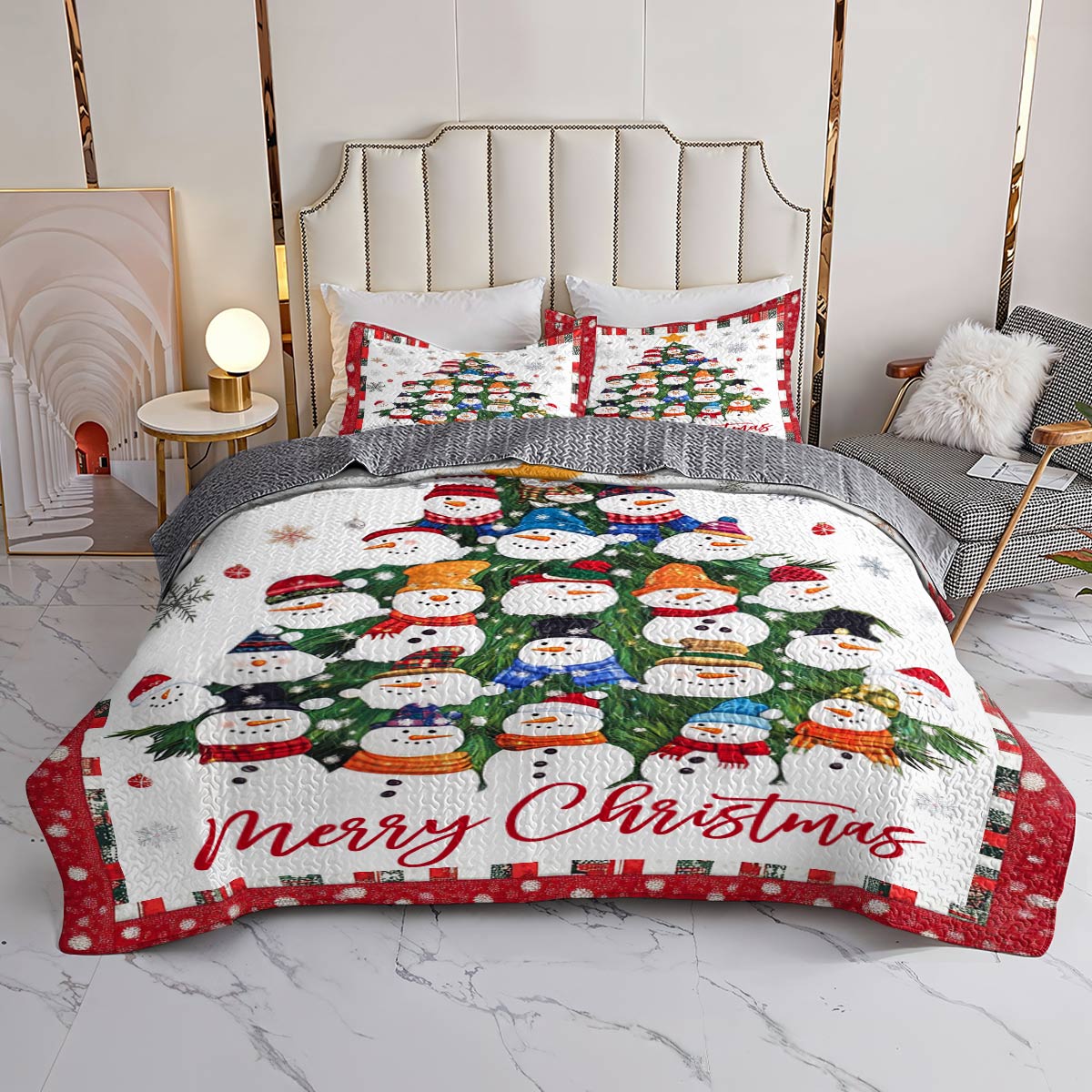 Shineful All Season Quilt 3-Piece Set Merry Christmas Snowmen