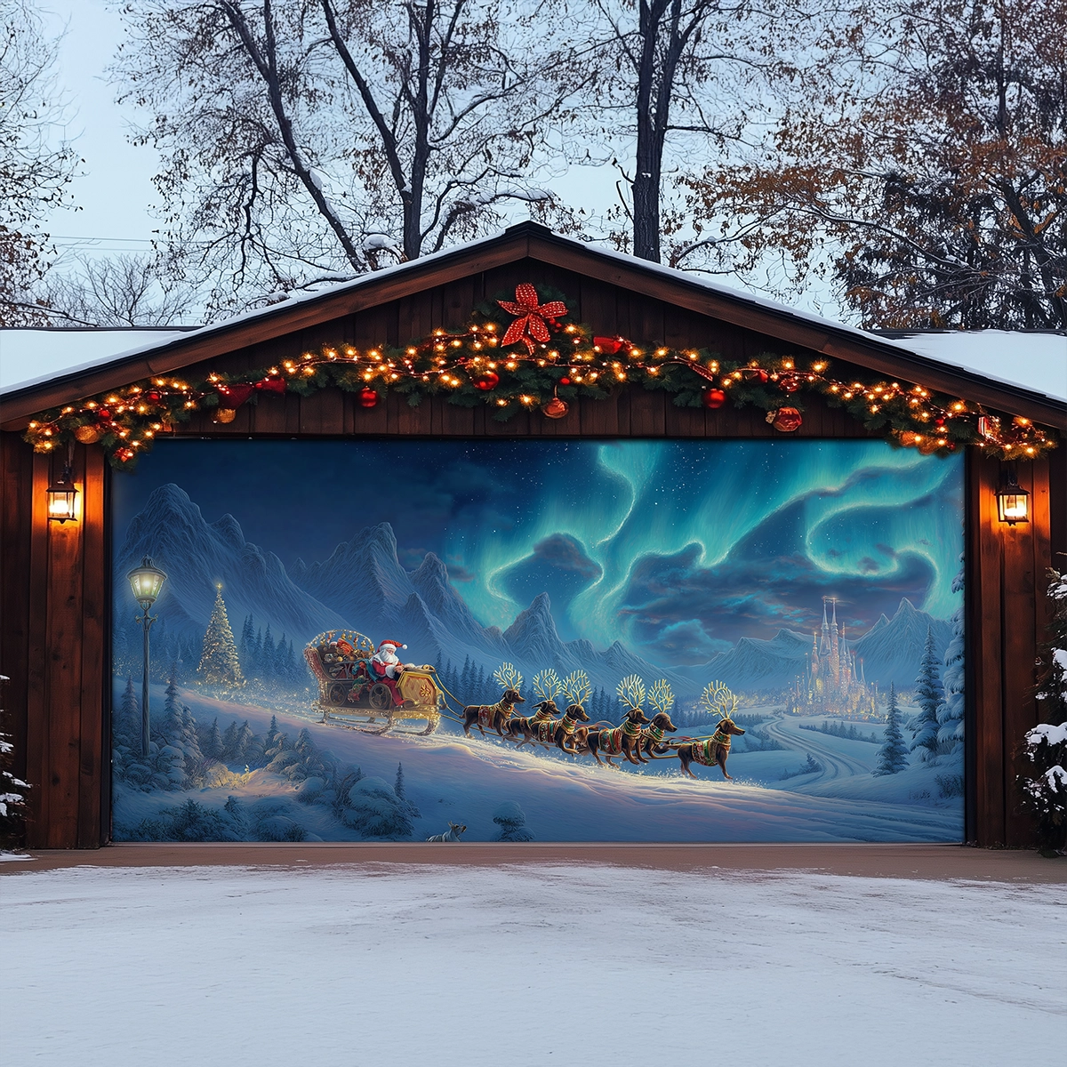 Shineful Garage Door Banner Decoration Santa’s Dachshund Sleigh Ride