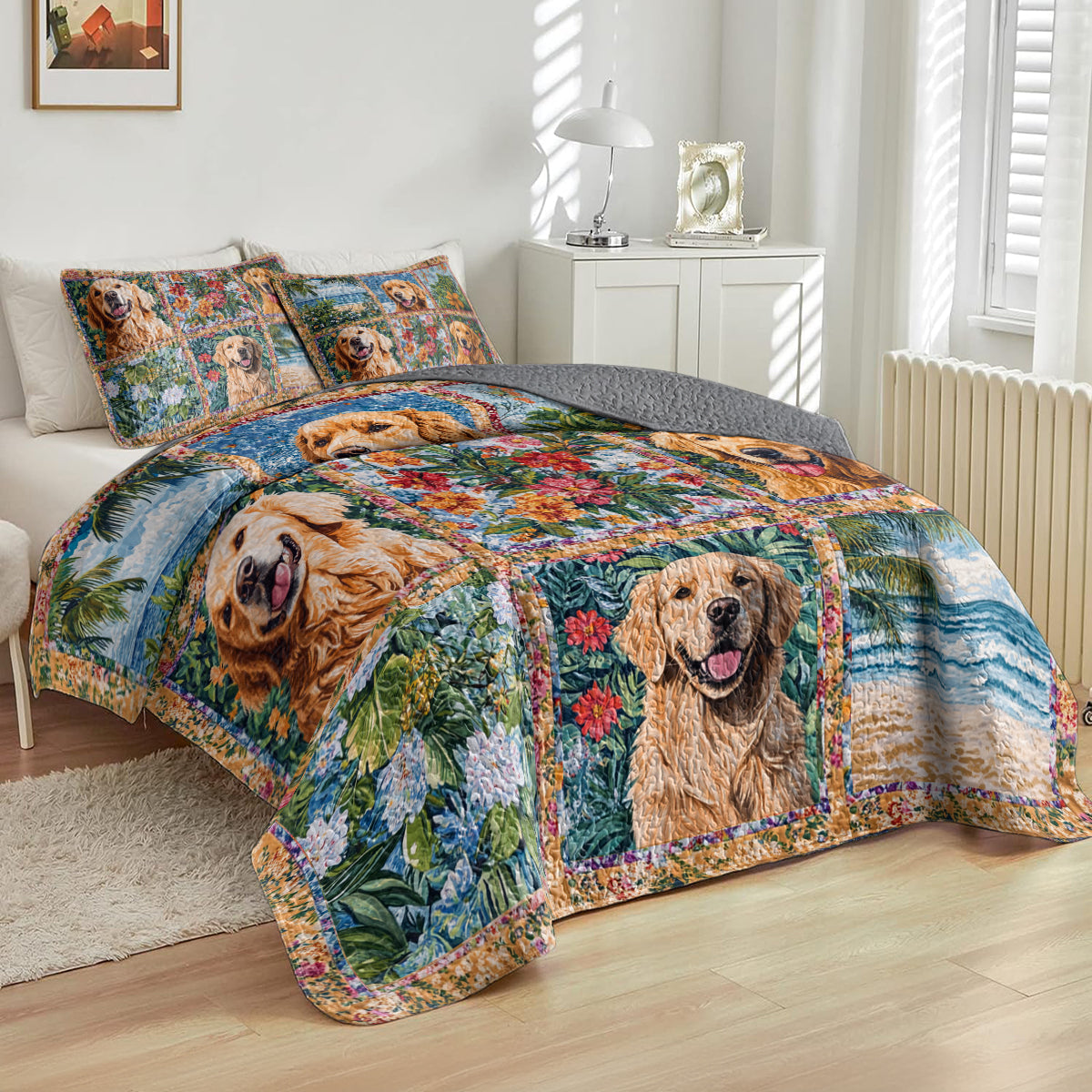Shineful All Season Quilt 3-Piece Set  Golden Retriever Beach & Floral