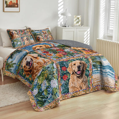 Shineful All Season Quilt 3-Piece Set  Golden Retriever Beach & Floral