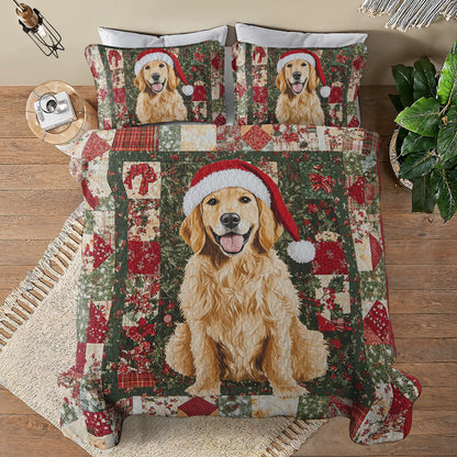 Shineful All Season Quilt 3-Piece Set Golden Retriever Christmas
