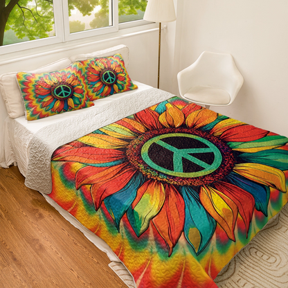 Shineful All Season Quilt 3-Piece Set - Hippie Peace & Love Sunflower