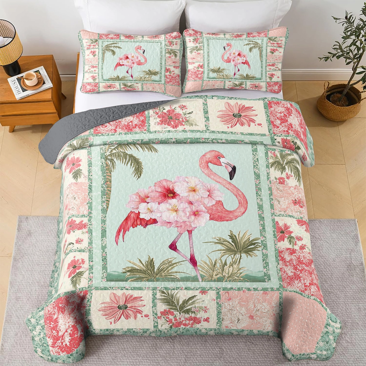 Shineful All Season Quilt 3-Piece Set - Light Pink Tropical Flamingo