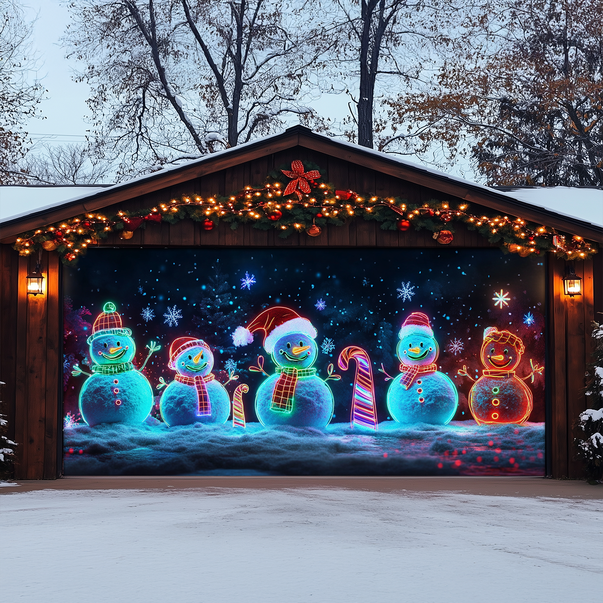 Shineful Garage Door Banner Decoration Snowy Night Snowmen