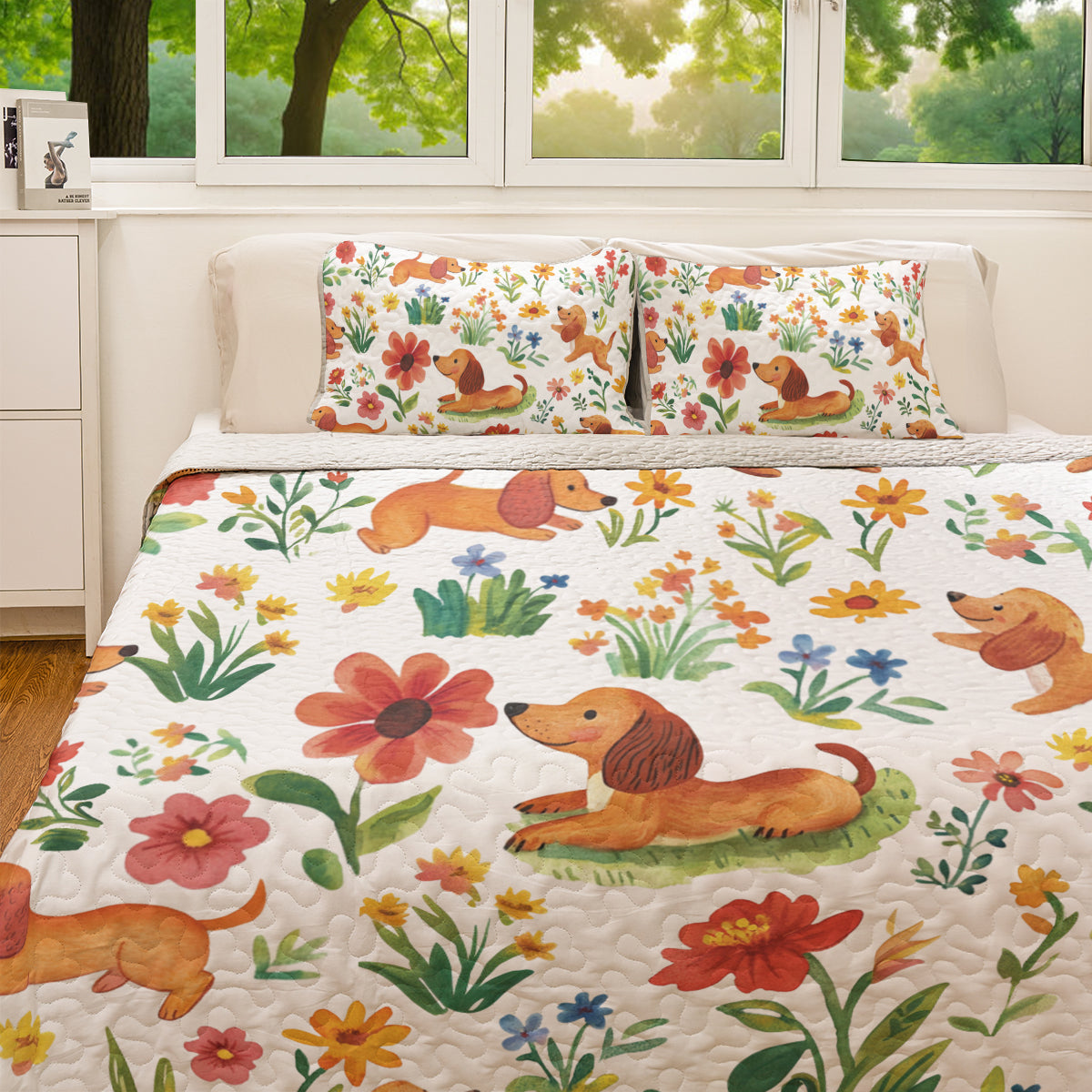 Shineful All Season Quilt 3-Piece Set Dachshund Flower Garden