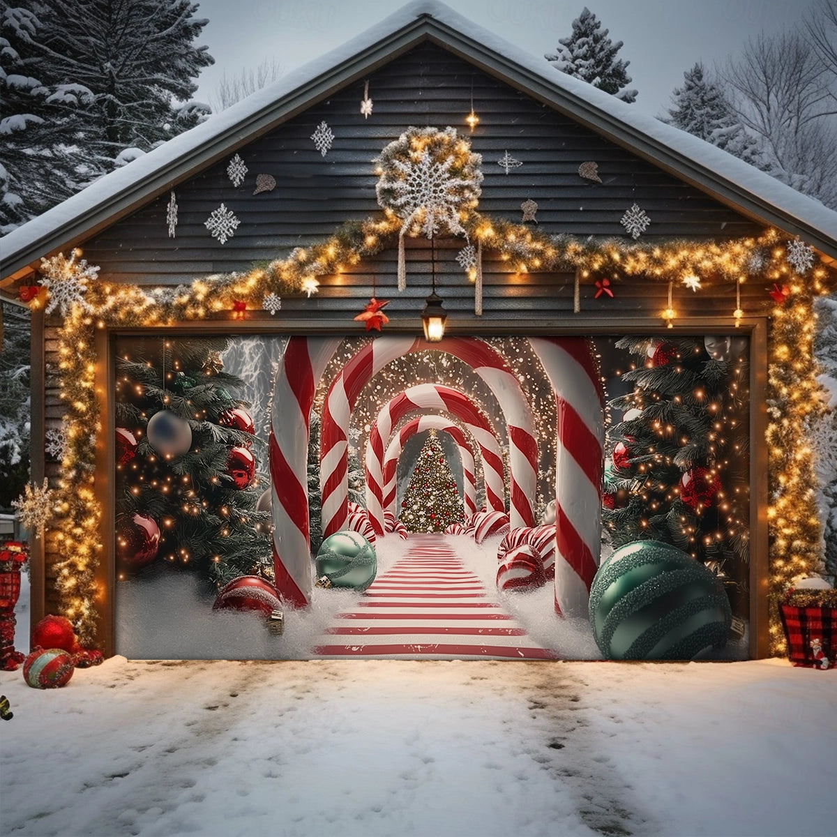Shineful Garage Door Banner Decoration Candy Cane Wonderland