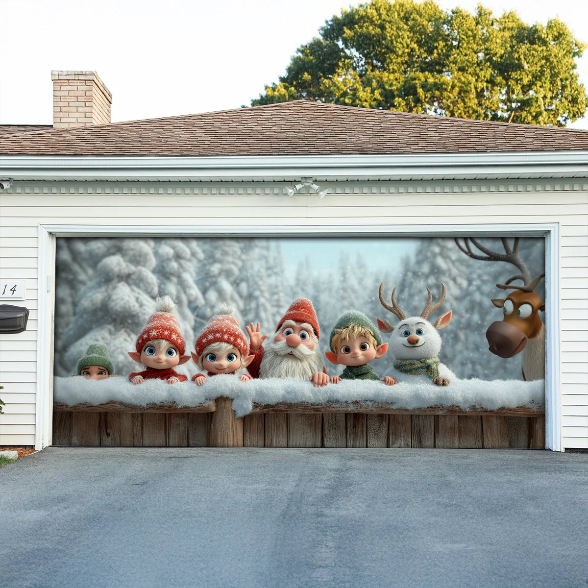 Shineful Garage Door Banner Decoration Elves & Reindeer Holiday Peek